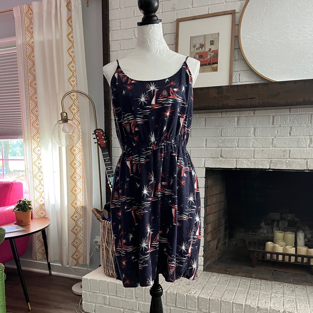 Baby Your’e A Firework Dress. Large. Linen Dress. Navy, Red and Blue.